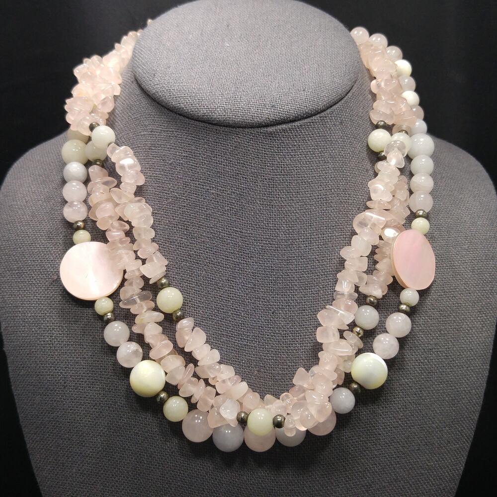 Rose Quartz Gemstone Beaded Necklace Silver Plated Clasp 1960s Vintage